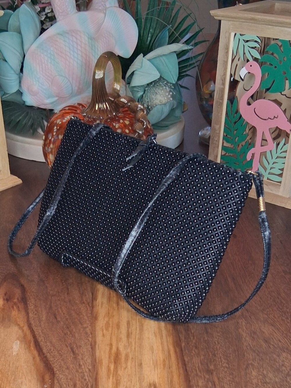 Vintage Black Beaded Crossbody Bag Evening Clutch Zip Closure
